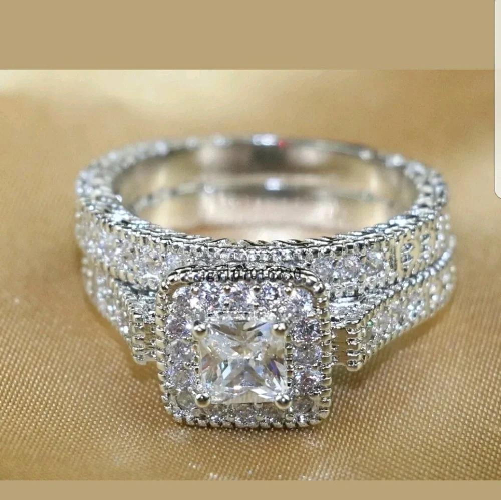Silver Halo Princess-Cut Engagement Ring with Pavé Band